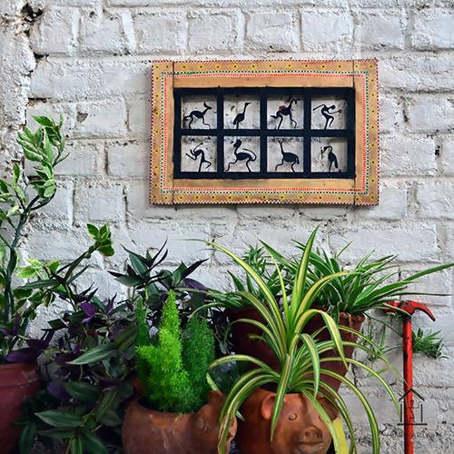 Wrought Iron Tribal Wooden Frame 8 Box Jaali Wall Hanging - Wall Decor - 1