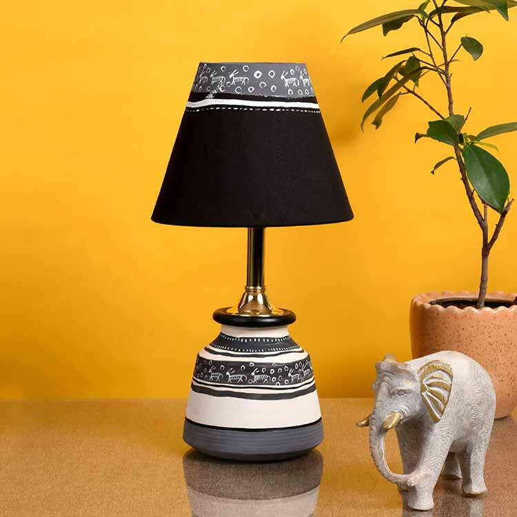 Table Lamp B&W Small Earthen Handcrafted with Black Shade (9x4.5") - Decor & Living - 1