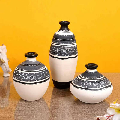 Vase Earthen White Warli - Set of 3 (5/6/3.4") - Decor & Living - 1