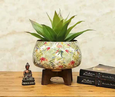 Tropical Paradise Print Iron Table Planter with Wooden Stand