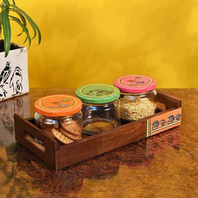Tray in wood & 3 Glass Jars Madhubani Lid - Set of 4 - Dining & Kitchen - 1