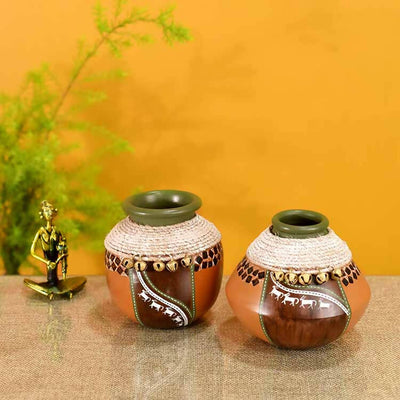 Coco-C Jute embellished Earthen Brown Pots - Set of 2 - Decor & Living - 1