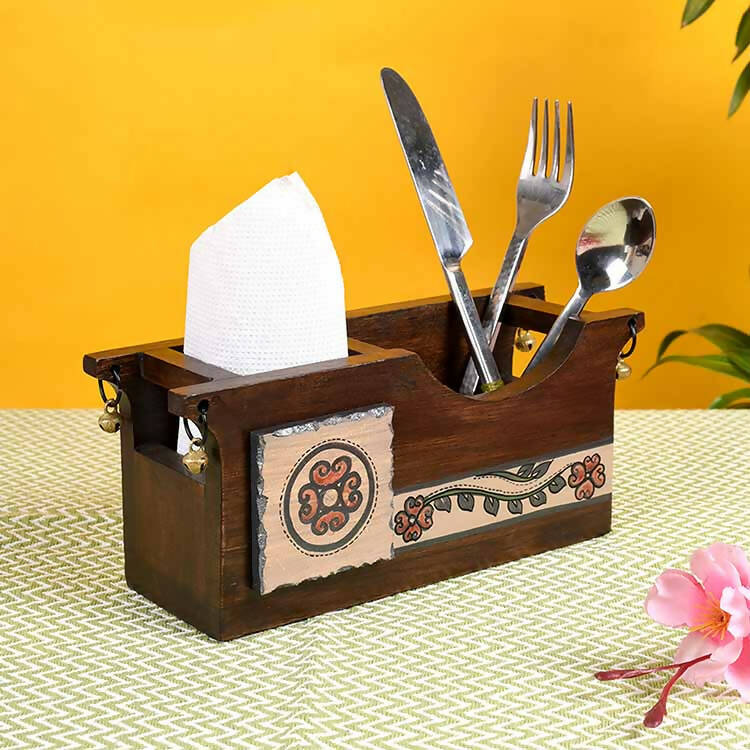 Cutlery Holder Handcrafted in Wood with Folk Art (9.2x3.3x4") - Dining & Kitchen - 1