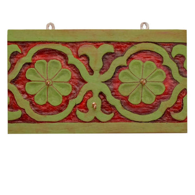 Vintage Red Floral Hand Painted Carved Reclaim Wood Key Holder - Wall Decor - 2