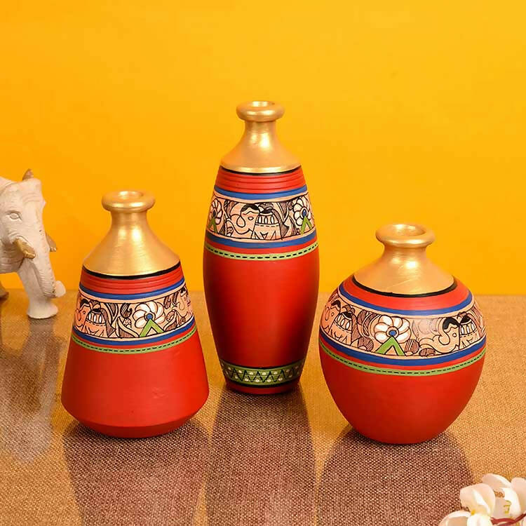Vase Earthen Red Madhubani - Set of 3 (6/5/5") - Decor & Living - 1