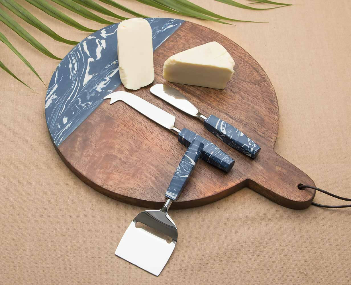 Round Cheese Board of Mango Wood & Blue Composite Stone - Dining & Kitchen - 1