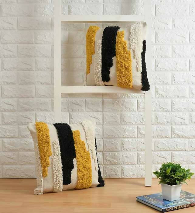 Abstract Designer Tufted Cushion Cover, Off White, Black, Yellow - Decor & Living - 1