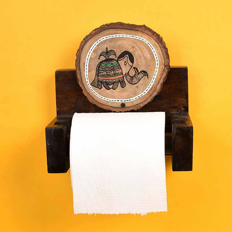 Tissue Roll/ Towel Holder Handcrafted in Wood with Folk Art (6x4x6") - Storage & Utilities - 1