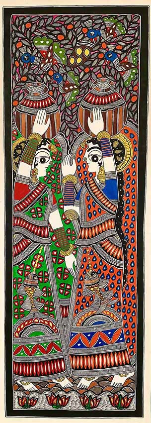 Madhubani Painting with the Theme of Village Women with Water Pitcher - Wall Decor - 1