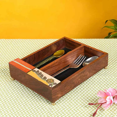Cutlery Holder Handcrafted in Wood with Flower Motif (9x7x2.2") - Dining & Kitchen - 1