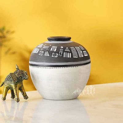Vase Earthen Handcrafted Black & White Warli (5x5") - Decor & Living - 1