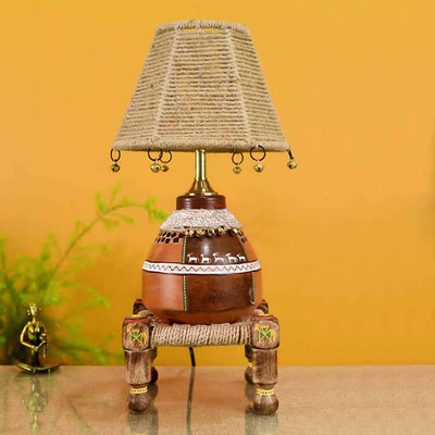 Hand Knitted Earthen Lamp with Jute Shade on Rosewood Manji (7x7x18") - Decor & Living - 1