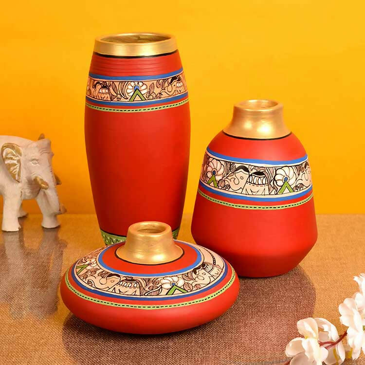 Vase Earthen Red Madhubani - Set of 3 (3.5/6.5/9") - Decor & Living - 1