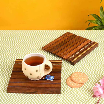 Coaster Wooden Handcrafted with Flower Motif - Set of 2 (6.5x6") - Dining & Kitchen - 1