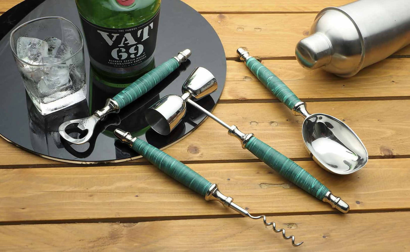 Green Stone Dust with Stainless Steel Bar Tools - Set of 5 - Dining & Kitchen - 1
