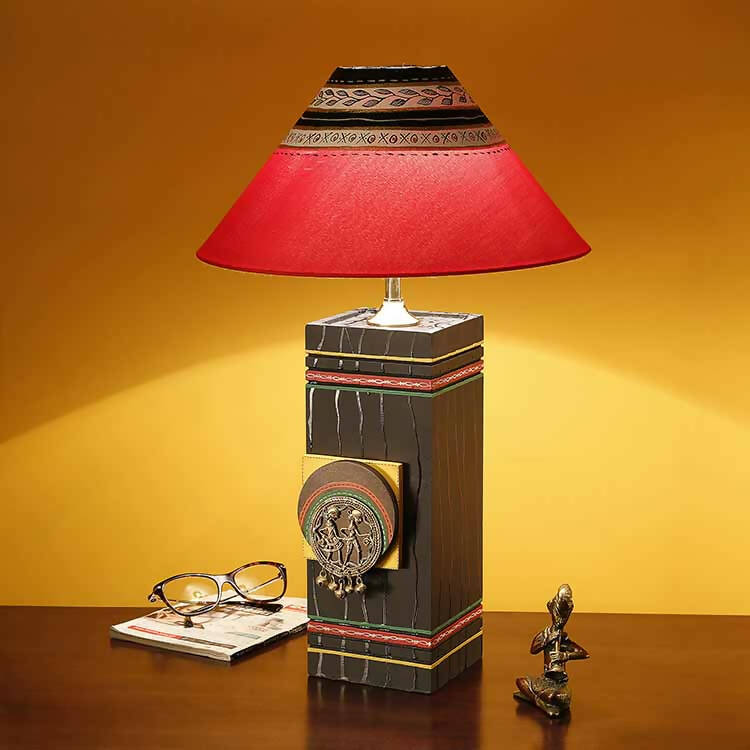 Table Lamp in Wood handcrafted with Dhokra/Warli Art, Black Base, Red 8"Shade (5x5x12") - Decor & Living - 1