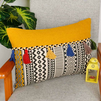 Printed Cushion Cover Colorful Tassels, Mustard - Decor & Living - 1