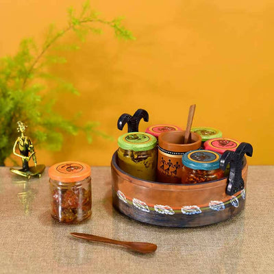 Dadiji's Pickle Jar in Tray with Earthen Spoon Holder - Dining & Kitchen - 1