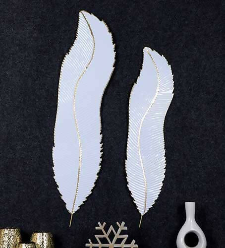 White & Gold Long Leaves Wall Decor Set of 2
