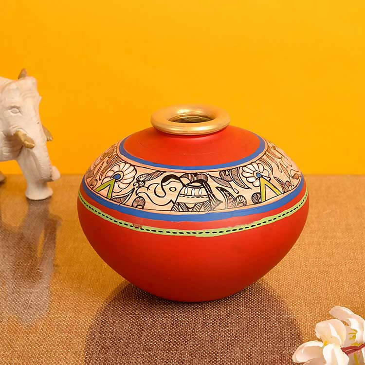 Vase Earthen Handcrafted Red Madhubani (4.5x5.5") - Decor & Living - 1