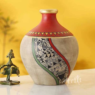 Vase Earthen Handcrafted Red & Gold Warli (5x4") - Decor & Living - 1