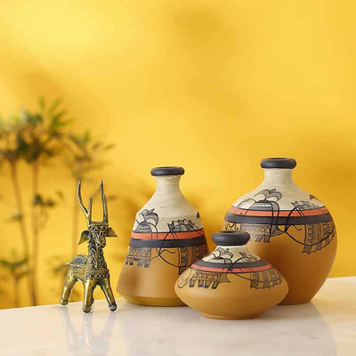 Yellow Terracotta Vases with Madhubani Tattoo Art - Decor & Living - 1