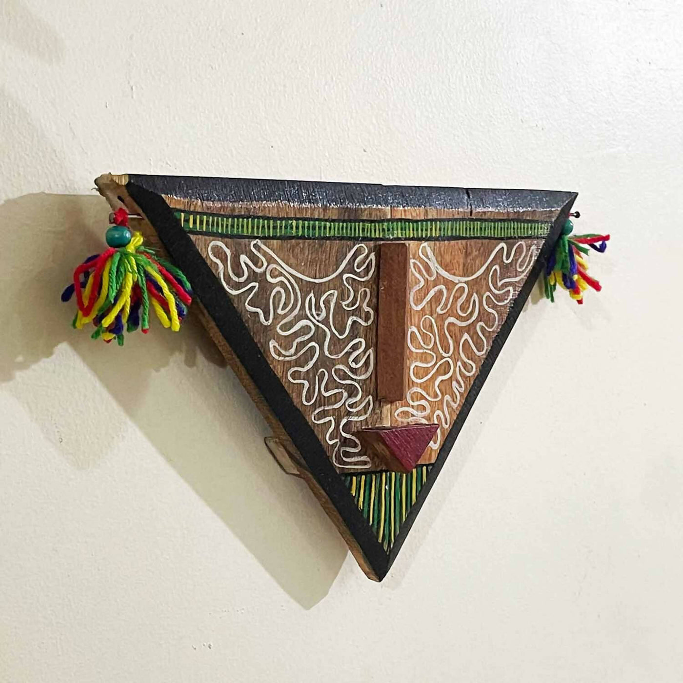 Wooden Tribal Triangle Small Handpainted Mask - Wall Decor - 2