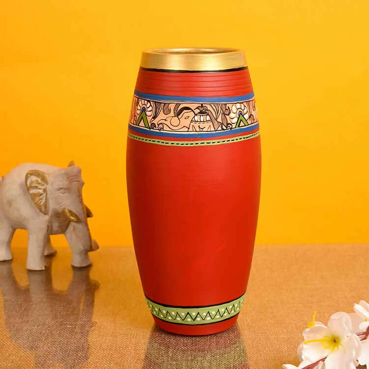 Vase Earthen Handcrafted Red Madhubani (9x4") - Decor & Living - 1
