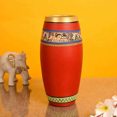 Vase Earthen Handcrafted Red Madhubani (9x4") - Decor & Living - 1