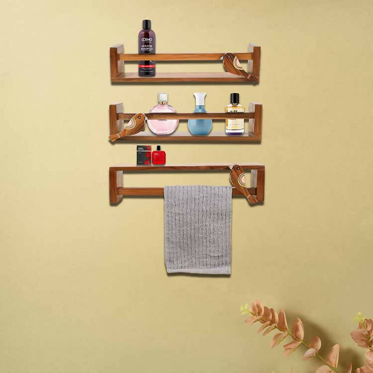 Floating Teak Wall Shelf for Powder Room - Set of 3 (18.5x3.2x4.1") - Storage & Utilities - 1
