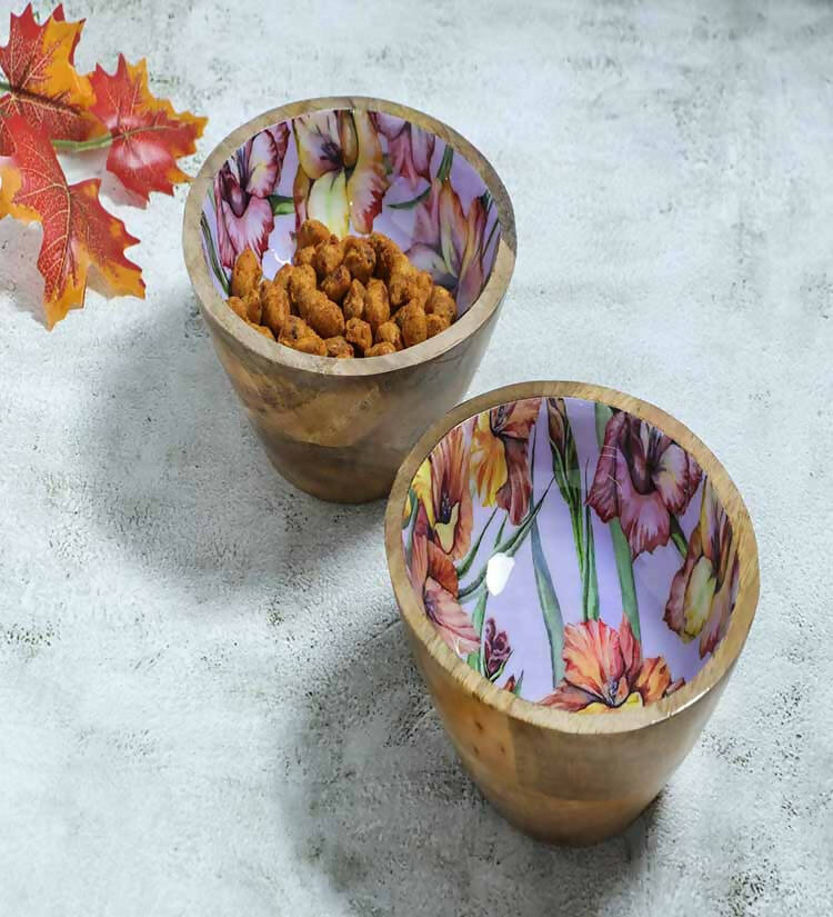 Set of 2 Purple Gladiolus Harmony Print Wooden Snack Bowl - Dining & Kitchen - 1