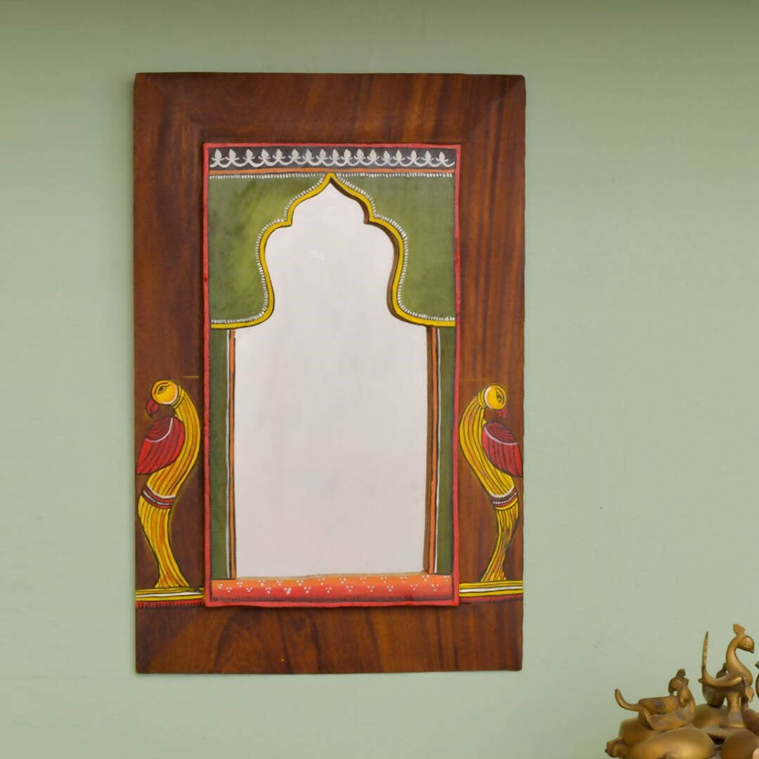Handpainted Carved Bird Miniature Mirror with Vintage Wooden Frame - Decor & Living - 1
