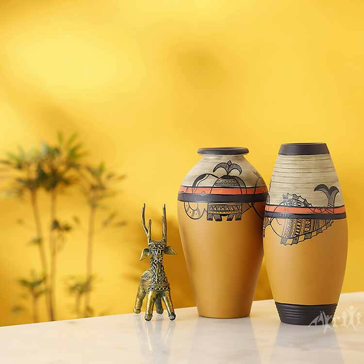 Vase Earthen Yellow Madhubani with Fish Motifs - Set of 2 (6.2x3/6.2x3") - Decor & Living - 1
