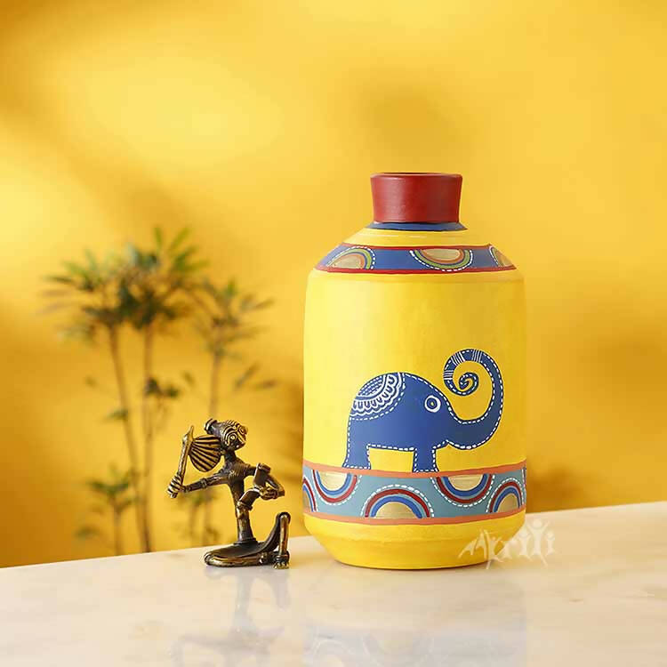 Happy Elephants Madhubani Yellow Vase (4.6x4.6x8") - Decor & Living - 1
