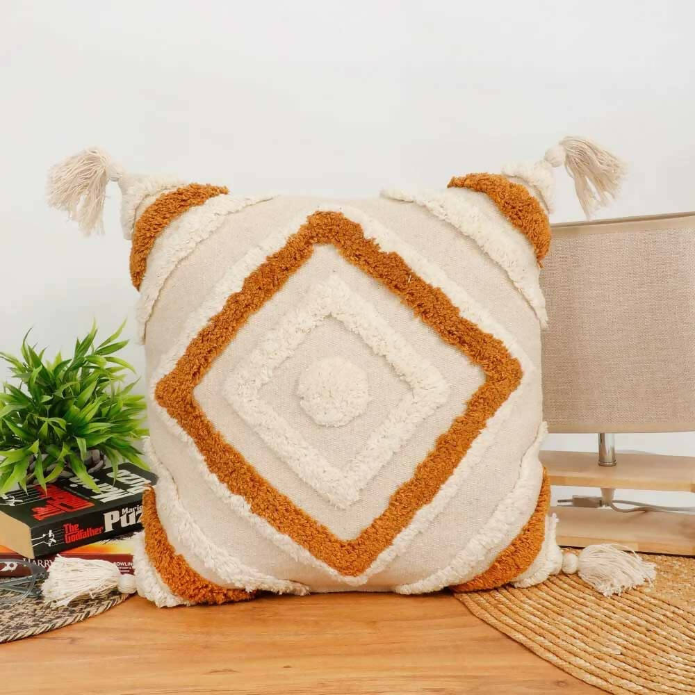 Tufted Cushion Cover Concentric Squares, Dual Color, Tassels - Decor & Living - 1