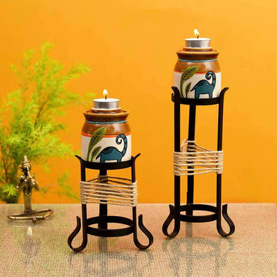 Happy Elephant Candle Pots with Metal Stand - Set of 2 - Decor & Living - 1