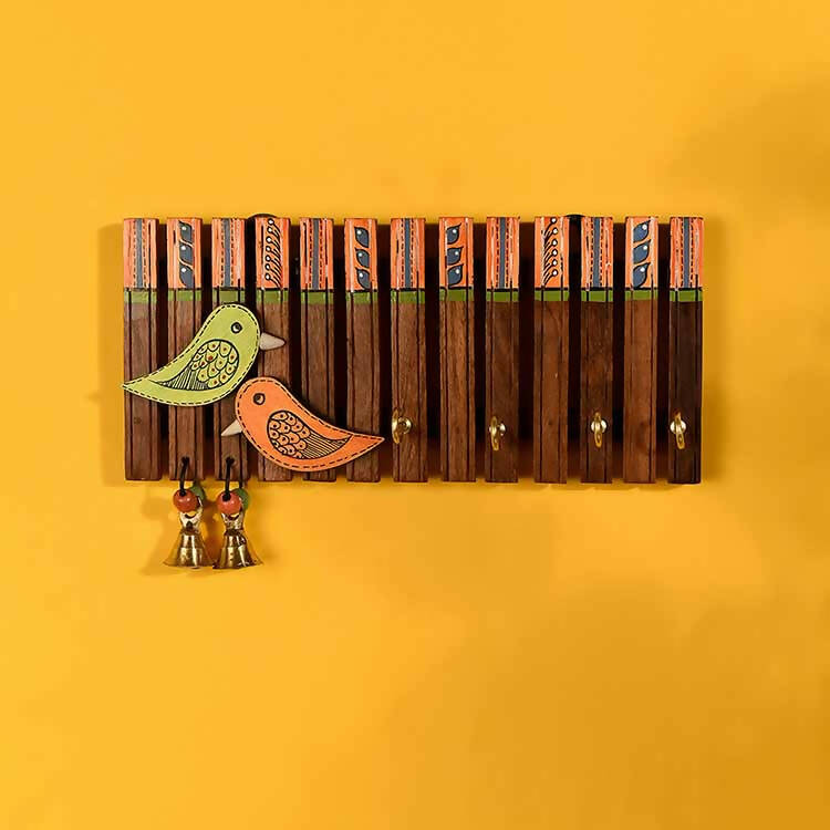 Key Holder Handcrafted Tribal Art Wooden Strips & Birds 4 Keys (9x1.4x5.4") - Wall Decor - 1