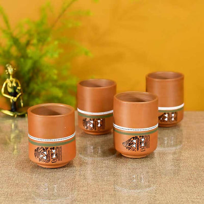 Knosh-C Earthen Mugs with Tribal Motifs - Set of 4 - Dining & Kitchen - 1