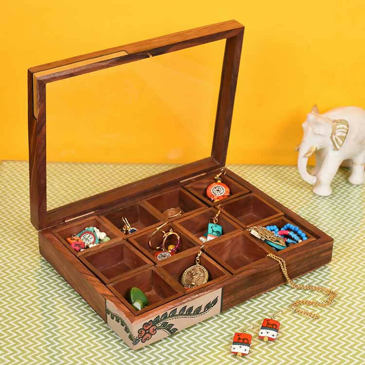 Jewellery Box Handcrafted 12 Slots Madhubani Wooden - Storage & Utilities - 1