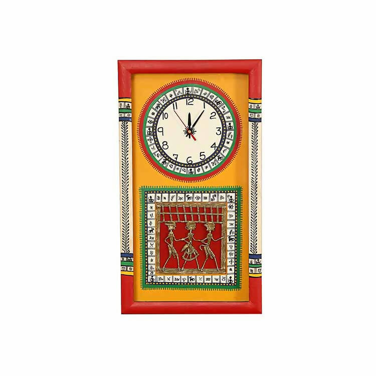 Wall Clock Handcrafted Warli/Dhokra Art Yellow Dial with Glass Frame (10x18") - Wall Decor - 1