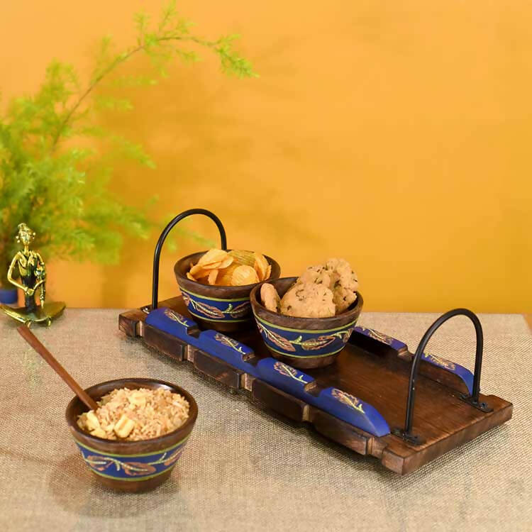 Wooden Bowls & Tray Handpainted, Metal Handles - Dining & Kitchen - 1
