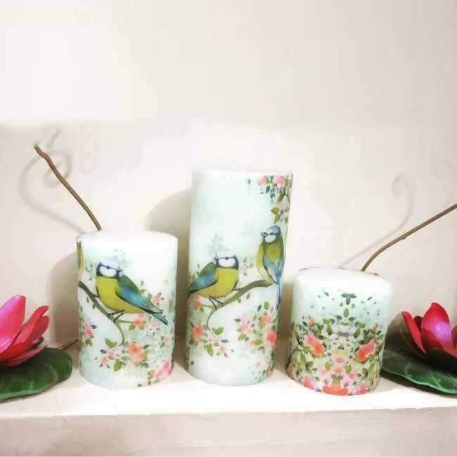 A Set of 3 Blue Birdy Designer Scented Pillar Candles - Accessories - 1