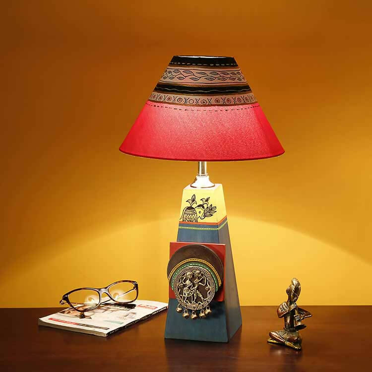 Turquoise Blue Lamp Embellished with Dhokra Brass Tiles & Red Shade - Decor & Living - 1