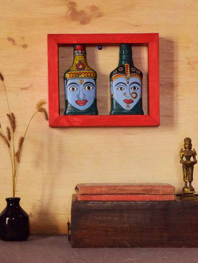 Red Rectangle Handpainted Flip Flop Vintage Glass Bottle Wooden Frame with Cheriyal Art - Decor & Living - 1