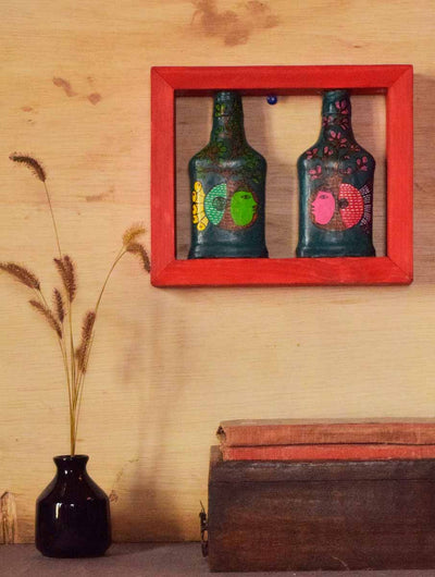 Red Rectangle Handpainted Flip Flop Vintage Glass Bottle Wooden Frame with Cheriyal Art - Decor & Living - 3