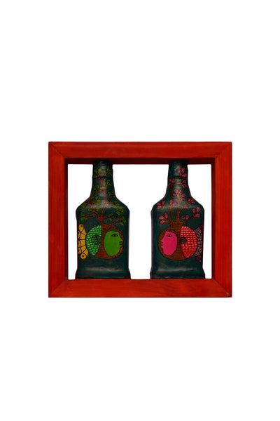 Red Rectangle Handpainted Flip Flop Vintage Glass Bottle Wooden Frame with Cheriyal Art - Decor & Living - 4
