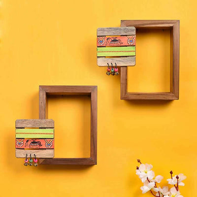 Wall Decor Square Coaster Handcrafted Wooden Shelves - Set of 2 (9x2.7x8") - Storage & Utilities - 1