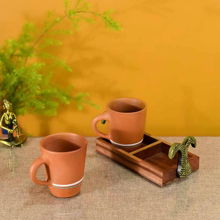 Happy Morning Earthen Coffee Mugs & Wooden Tray - Dining & Kitchen - 1