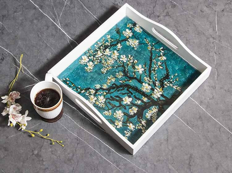 Handcrafted Serving Square Tray with White Blossoms - Dining & Kitchen - 1