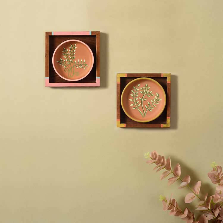 Nature's Leaf Terracotta Wall Paintings - Set of 2 (6.5x6.5x1.6") - Wall Decor - 1